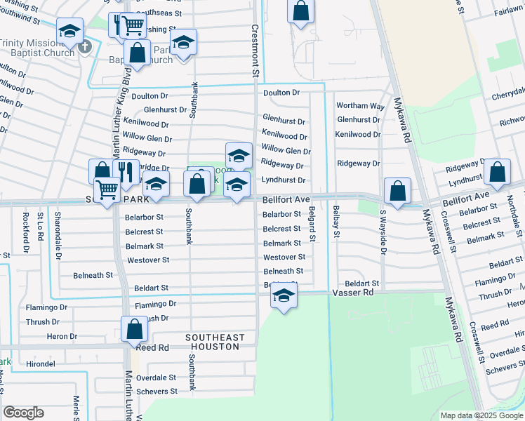 map of restaurants, bars, coffee shops, grocery stores, and more near 5910 Belarbor Street in Houston