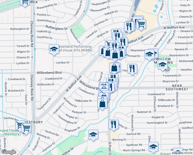 map of restaurants, bars, coffee shops, grocery stores, and more near 5010 Waycross Drive in Houston