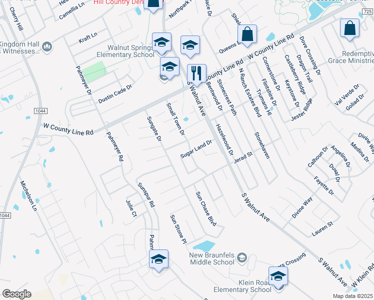 map of restaurants, bars, coffee shops, grocery stores, and more near 1317 Sugar Land Drive in New Braunfels