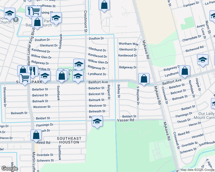 map of restaurants, bars, coffee shops, grocery stores, and more near 7823 Belgard Street in Houston