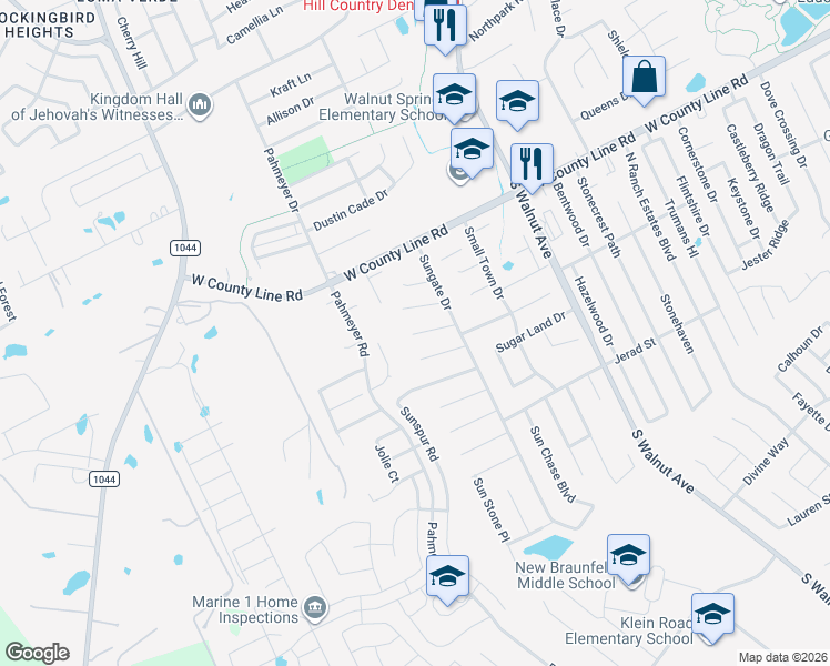 map of restaurants, bars, coffee shops, grocery stores, and more near 1652 Sunnycrest Circle in New Braunfels