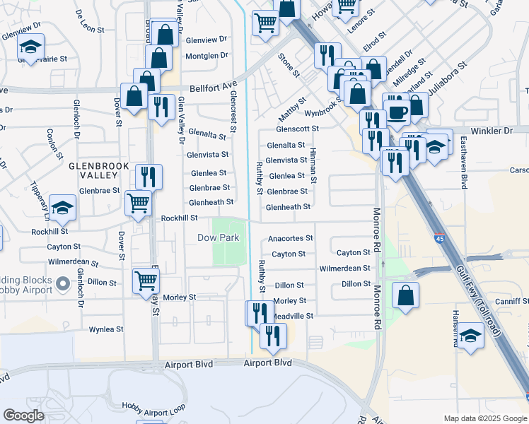 map of restaurants, bars, coffee shops, grocery stores, and more near 8115 Rockhill Street in Houston