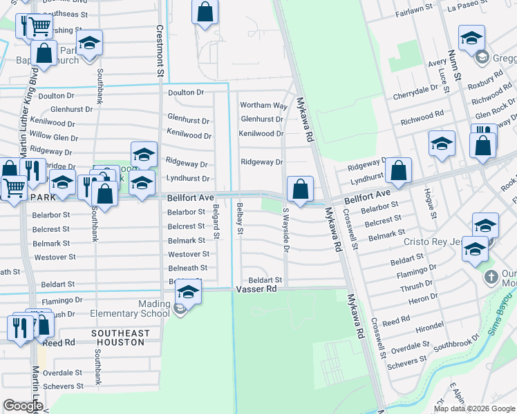 map of restaurants, bars, coffee shops, grocery stores, and more near 6060 Belarbor Street in Houston