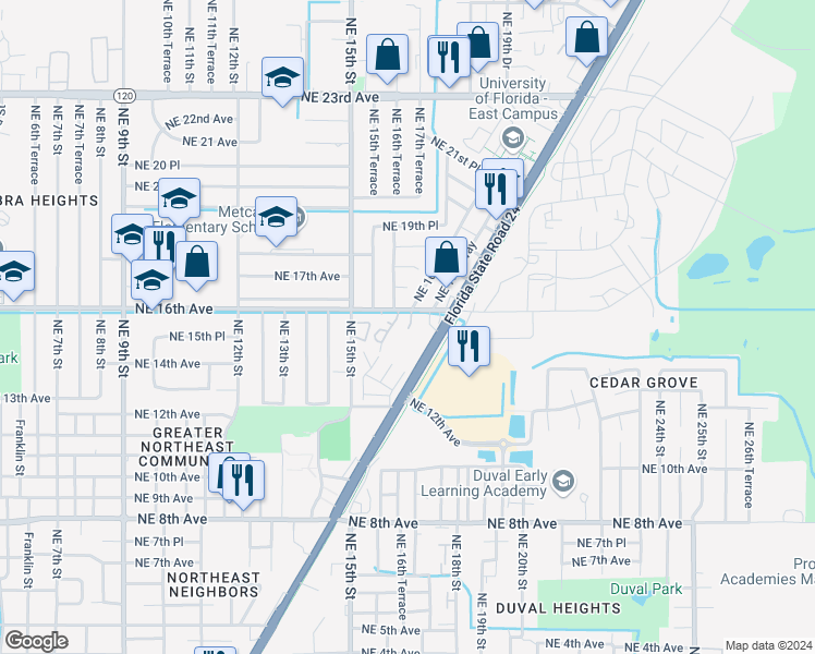 map of restaurants, bars, coffee shops, grocery stores, and more near 1705 Northeast 16th Avenue in Gainesville