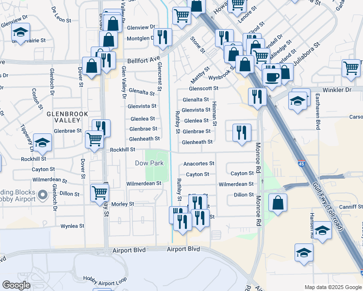 map of restaurants, bars, coffee shops, grocery stores, and more near 8115 Rockhill Street in Houston