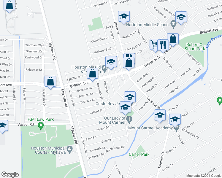 map of restaurants, bars, coffee shops, grocery stores, and more near 6657 Hogue Street in Houston