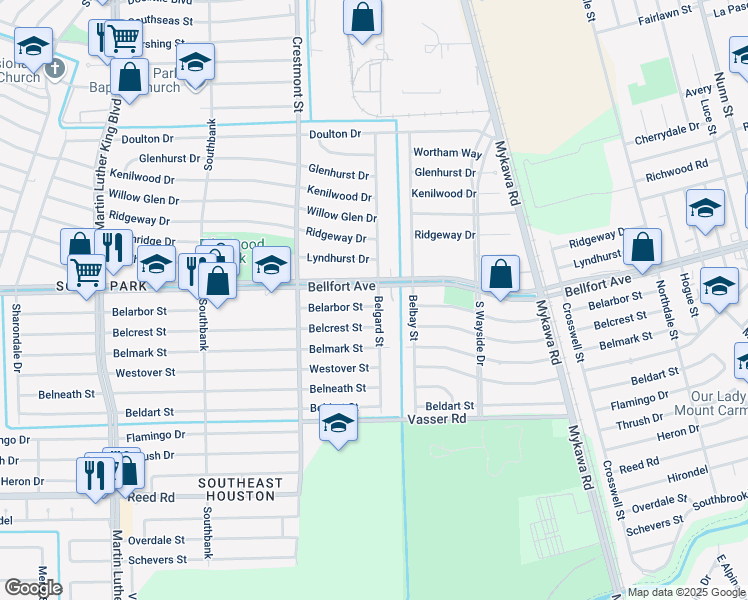 map of restaurants, bars, coffee shops, grocery stores, and more near 7823 Belgard Street in Houston
