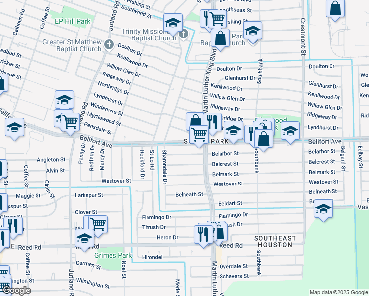 map of restaurants, bars, coffee shops, grocery stores, and more near 5647 Belarbor Street in Houston