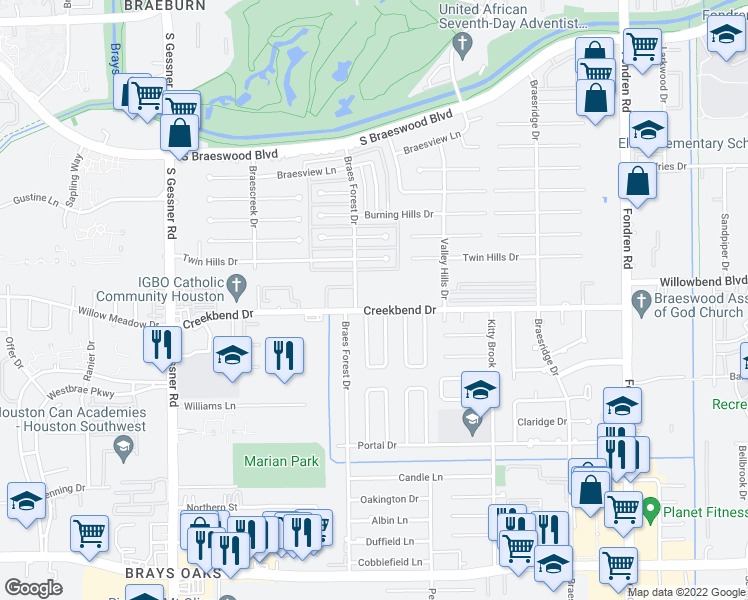 map of restaurants, bars, coffee shops, grocery stores, and more near 8000 Creekbend Drive in Houston