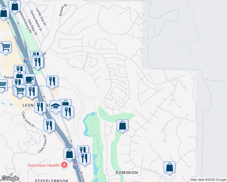 map of restaurants, bars, coffee shops, grocery stores, and more near 6 Rugby Lane in San Antonio