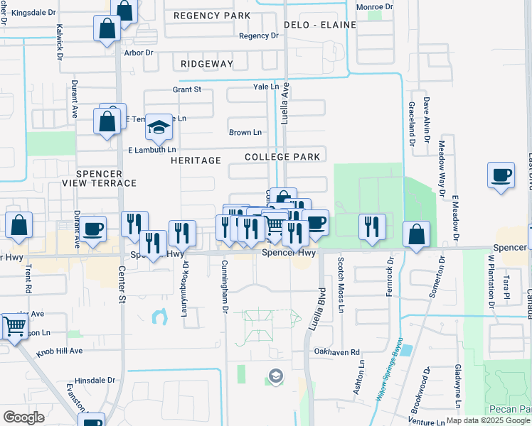 map of restaurants, bars, coffee shops, grocery stores, and more near 4901 College Park Drive in Deer Park