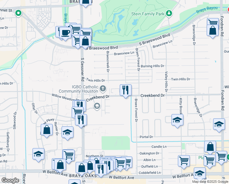 map of restaurants, bars, coffee shops, grocery stores, and more near 8110 Creekbend Drive in Houston