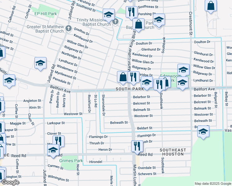 map of restaurants, bars, coffee shops, grocery stores, and more near 5647 Belarbor Street in Houston
