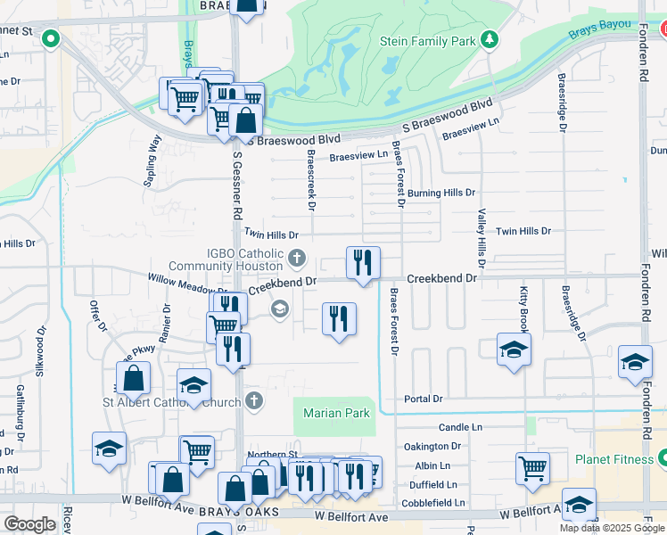 map of restaurants, bars, coffee shops, grocery stores, and more near 8110 Creekbend Drive in Houston
