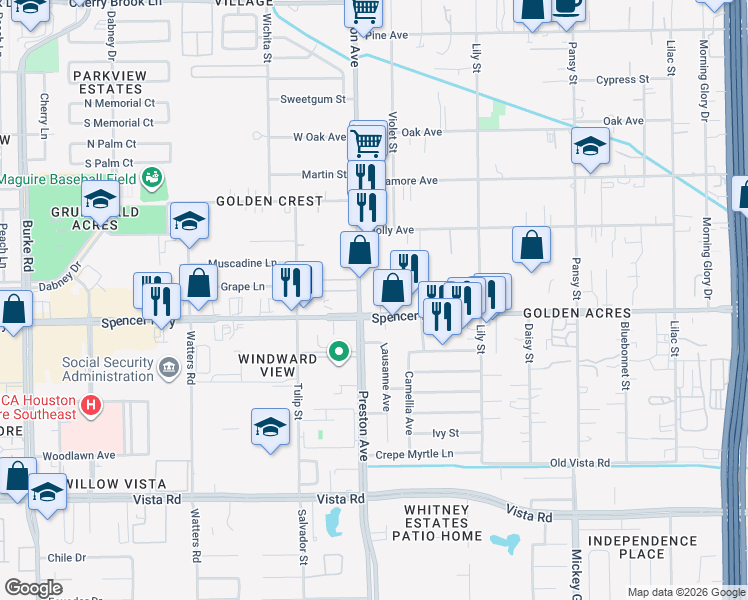 map of restaurants, bars, coffee shops, grocery stores, and more near 4701 Spencer Hwy in Pasadena