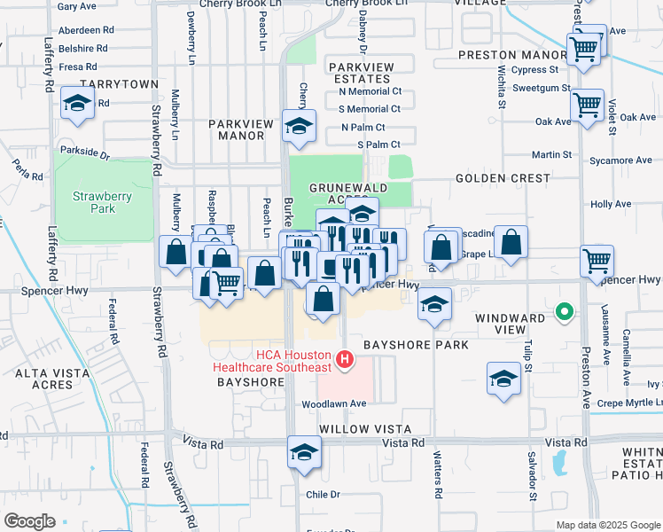 map of restaurants, bars, coffee shops, grocery stores, and more near 4001 Spencer Highway in Pasadena