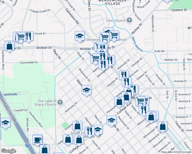 map of restaurants, bars, coffee shops, grocery stores, and more near 712 Michigan Street in South Houston