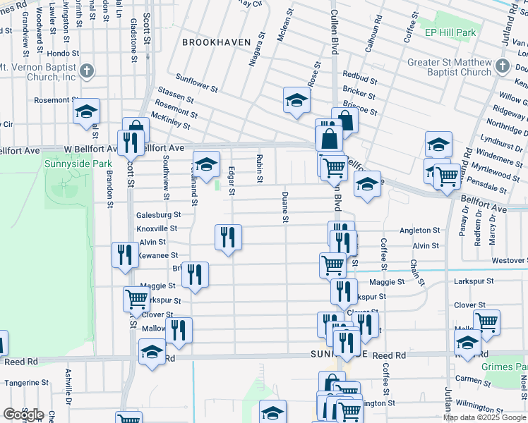 map of restaurants, bars, coffee shops, grocery stores, and more near 4525 Knoxville Street in Houston