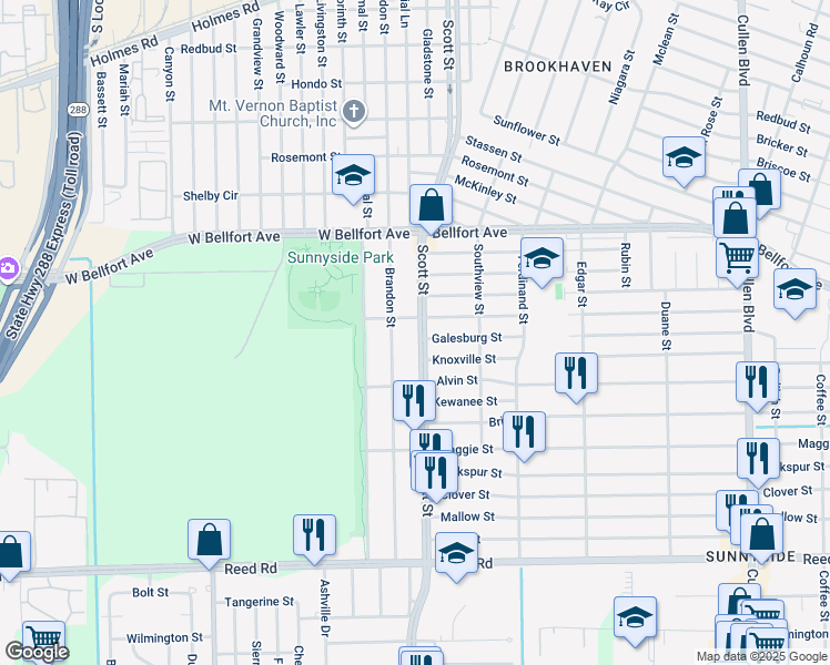 map of restaurants, bars, coffee shops, grocery stores, and more near 8726 Scott Street in Houston