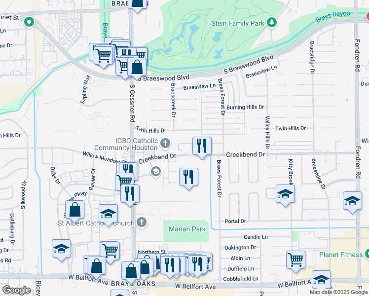 map of restaurants, bars, coffee shops, grocery stores, and more near 8104 Creekbend Drive in Houston