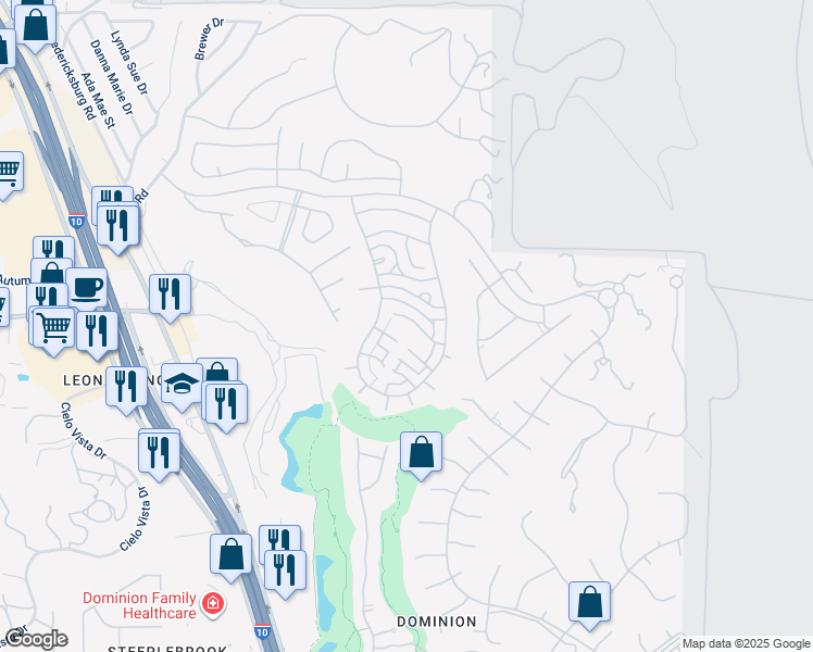 map of restaurants, bars, coffee shops, grocery stores, and more near 6 Rugby Lane in San Antonio