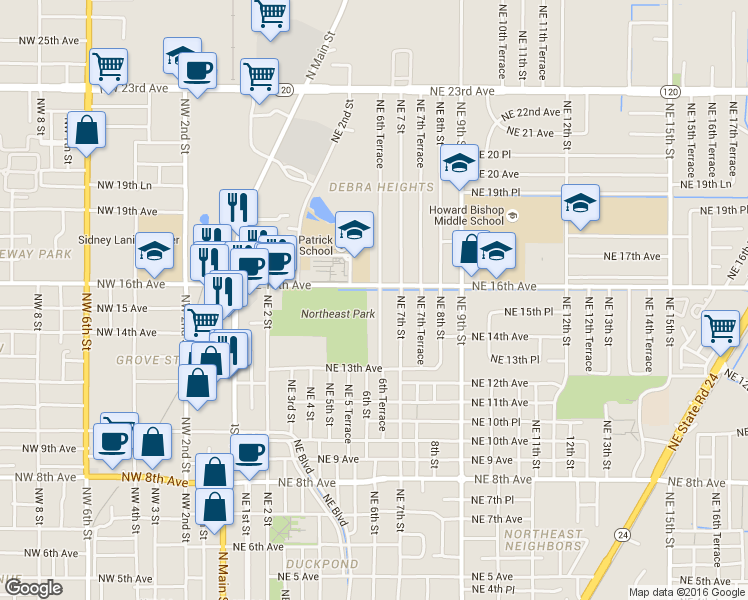 map of restaurants, bars, coffee shops, grocery stores, and more near 1426 Northeast 6th Terrace in Gainesville