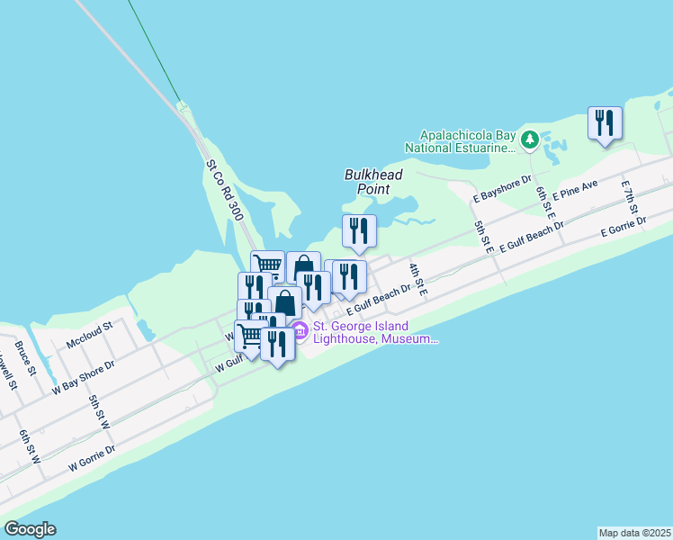 map of restaurants, bars, coffee shops, grocery stores, and more near 163 Gunn Street in Saint George Island
