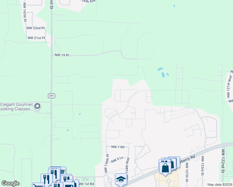 map of restaurants, bars, coffee shops, grocery stores, and more near 1367 Northwest 136th Street in Newberry