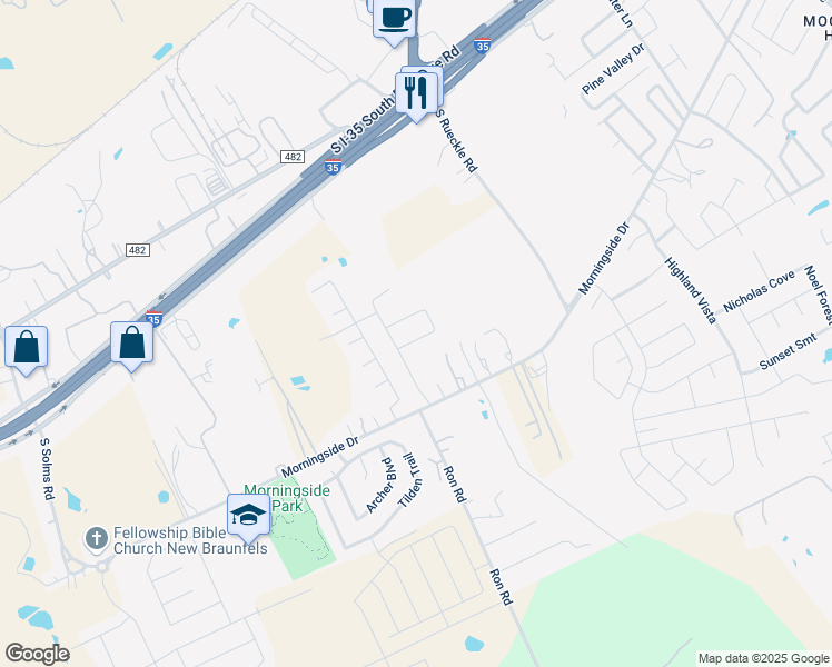 map of restaurants, bars, coffee shops, grocery stores, and more near 3447 Jefferson Drive in New Braunfels