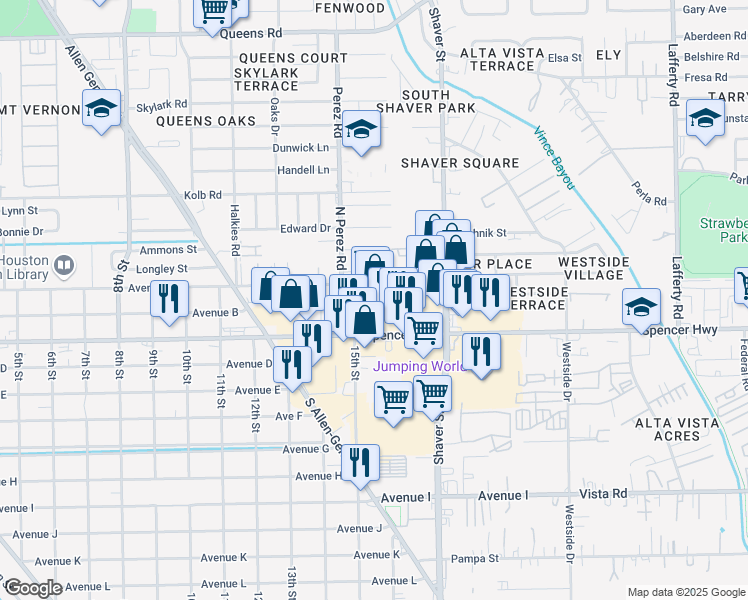map of restaurants, bars, coffee shops, grocery stores, and more near 1671-1709 Spencer Hwy in South Houston