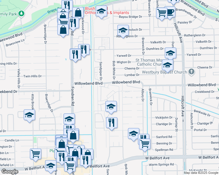 map of restaurants, bars, coffee shops, grocery stores, and more near 6428 Creekbend Drive in Houston