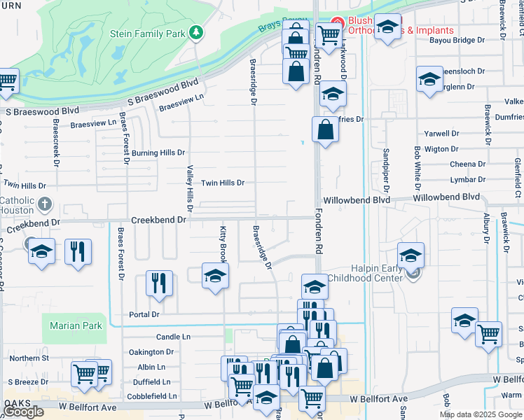 map of restaurants, bars, coffee shops, grocery stores, and more near 7600 Creekbend Drive in Houston