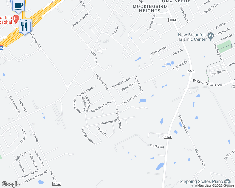 map of restaurants, bars, coffee shops, grocery stores, and more near 874 Mayberry Mill in New Braunfels