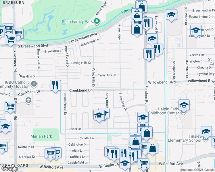 map of restaurants, bars, coffee shops, grocery stores, and more near 7798 Creekbend Drive in Houston