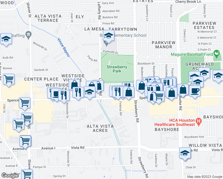 map of restaurants, bars, coffee shops, grocery stores, and more near 3121 Spencer Highway in Pasadena