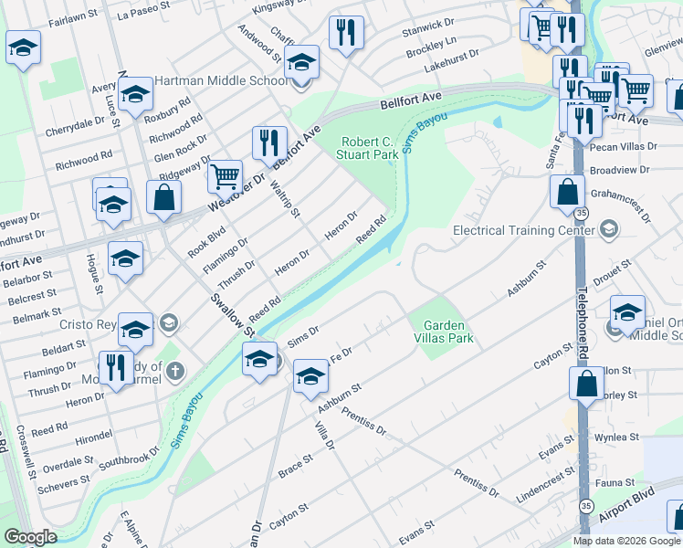 map of restaurants, bars, coffee shops, grocery stores, and more near 7042 Reed Road in Houston