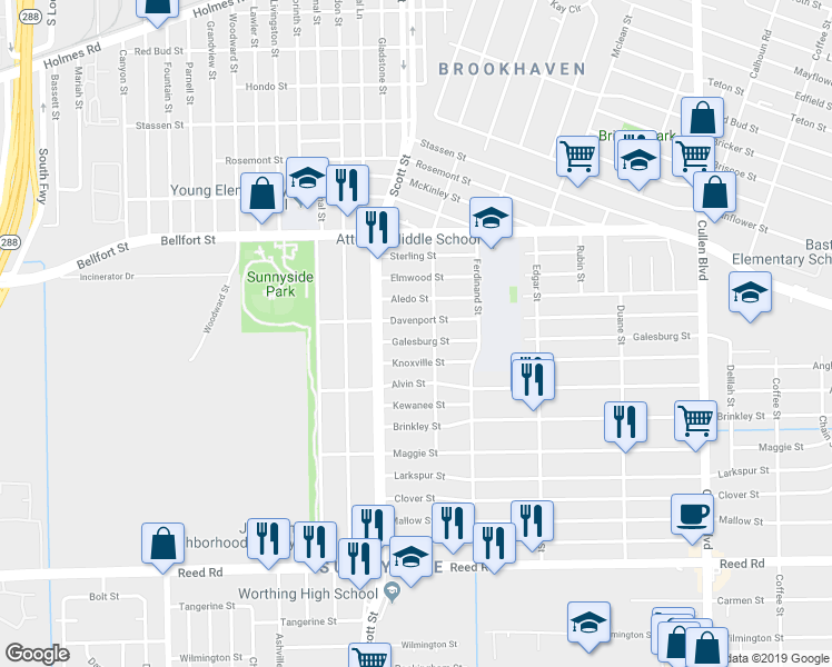 map of restaurants, bars, coffee shops, grocery stores, and more near 4126 Galesburg Street in Houston