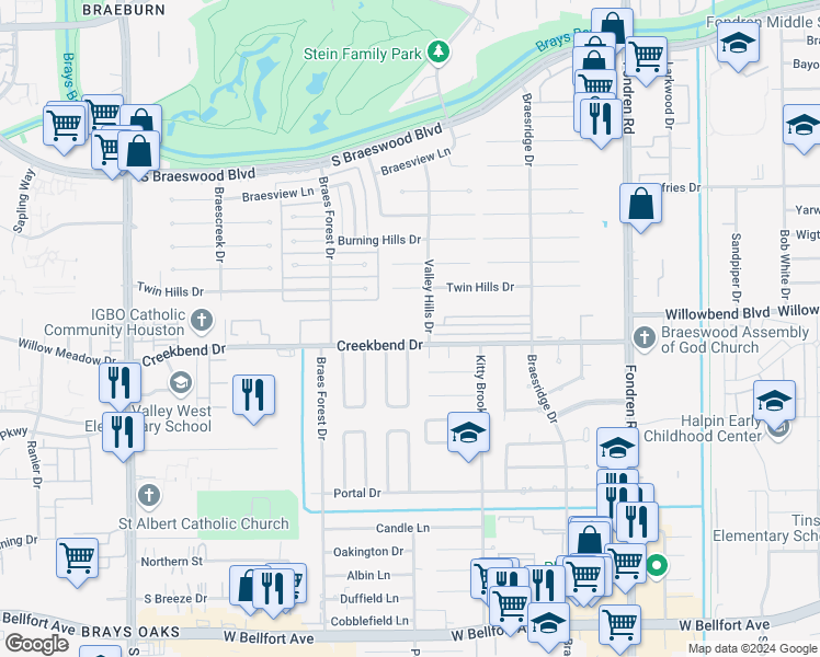 map of restaurants, bars, coffee shops, grocery stores, and more near 10703 Valley Hills Drive in Houston