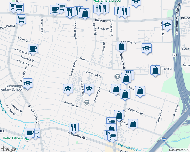 map of restaurants, bars, coffee shops, grocery stores, and more near 11045 Landswalk Drive in Houston
