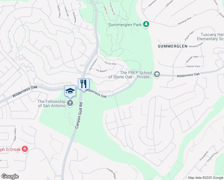 map of restaurants, bars, coffee shops, grocery stores, and more near 25326 Wilderness Oak in San Antonio