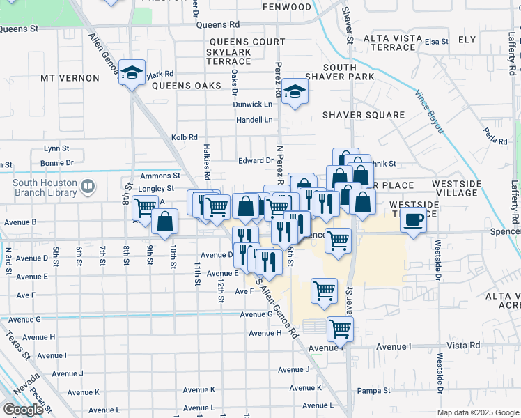 map of restaurants, bars, coffee shops, grocery stores, and more near 1315 Spencer Highway in South Houston