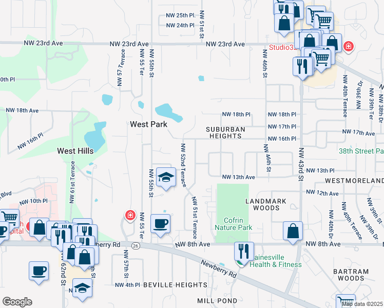 map of restaurants, bars, coffee shops, grocery stores, and more near 1408 Northwest 51st Terrace in Gainesville