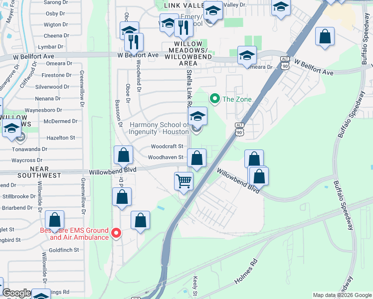 map of restaurants, bars, coffee shops, grocery stores, and more near 4013 Woodhaven Street in Houston