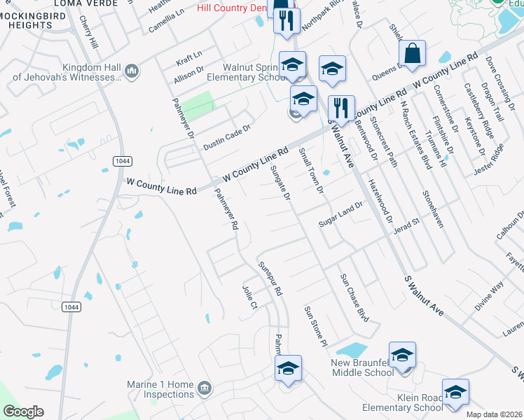 map of restaurants, bars, coffee shops, grocery stores, and more near 1652 Sunnycrest Circle in New Braunfels