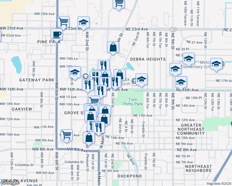 map of restaurants, bars, coffee shops, grocery stores, and more near 1503-1509 NE 2nd St in Gainesville