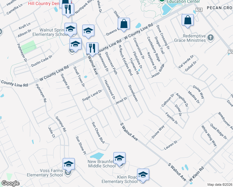map of restaurants, bars, coffee shops, grocery stores, and more near 2184 Bentwood Drive in New Braunfels