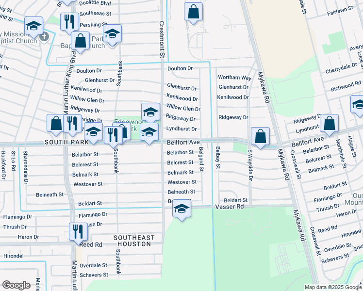 map of restaurants, bars, coffee shops, grocery stores, and more near 5942 Belarbor Street in Houston