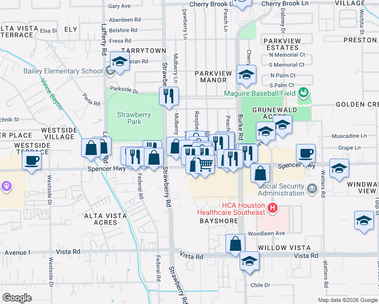 map of restaurants, bars, coffee shops, grocery stores, and more near 3409 Spencer Highway in Pasadena