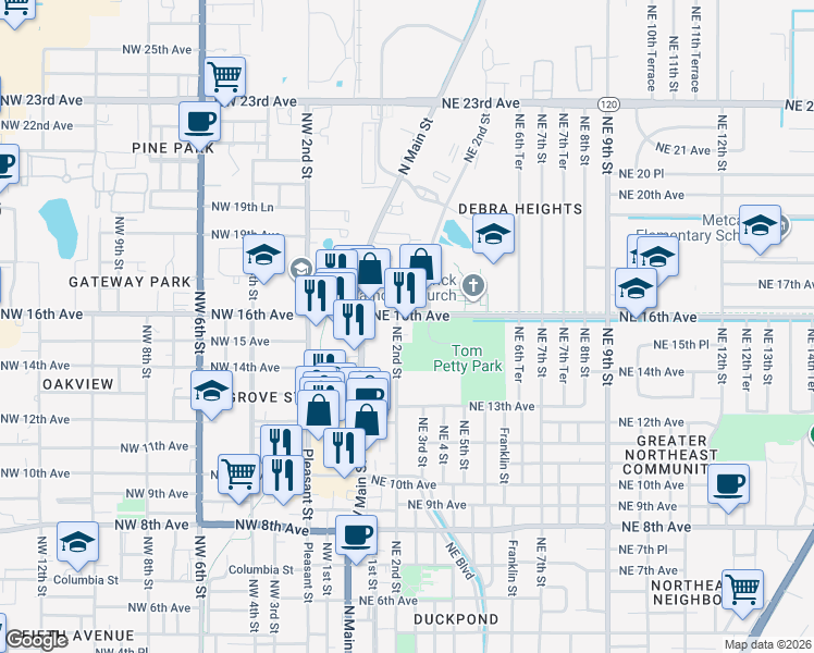 map of restaurants, bars, coffee shops, grocery stores, and more near 1509 Northeast 2nd Street in Gainesville