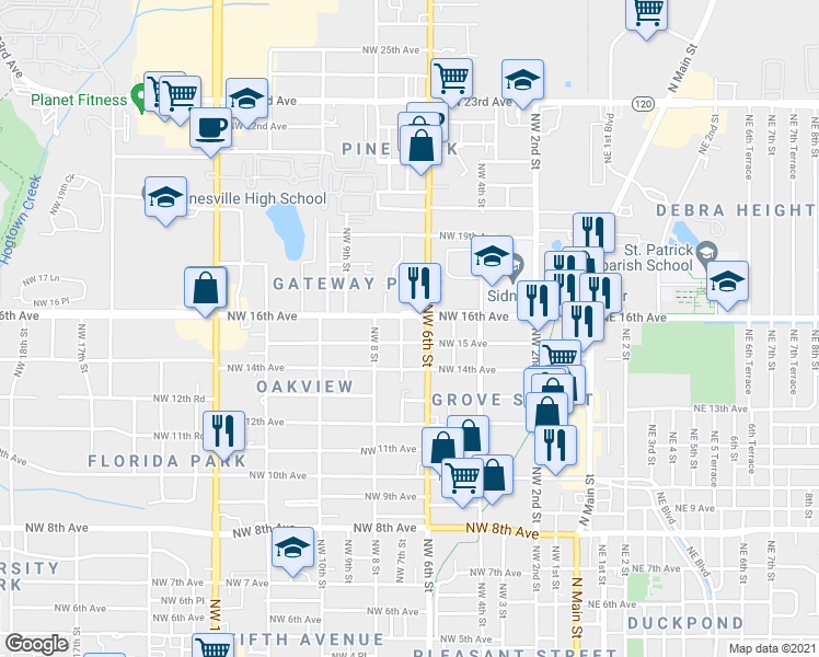 map of restaurants, bars, coffee shops, grocery stores, and more near 705 Northwest 15 Avenue in Gainesville